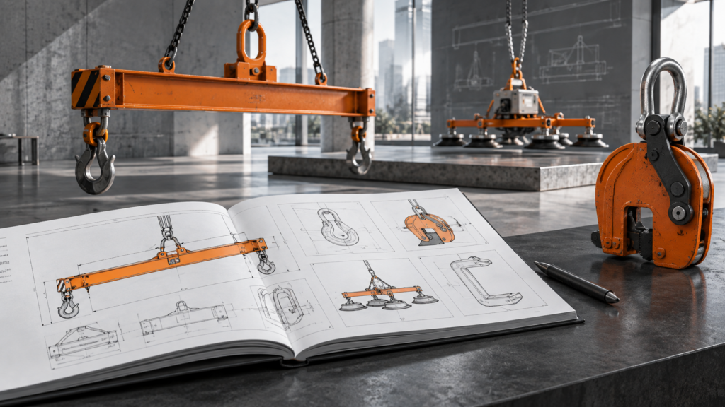 Aufgeschlagene Katalog mit Grafiken zu Lastaufnahmemitteln, daneben und im Hintergrund weitere eine Lastentraverse und weitere Lastaufnahmemittel